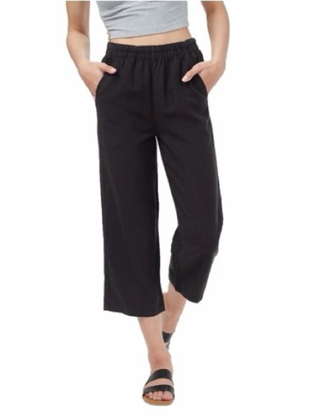 DKNY Pure Black Wide-Leg Cropped Pants - Women's Medium Comfort Fit Linen Blend